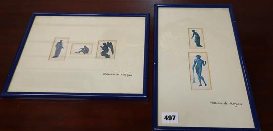 William de Morgan, five watercolour sketches, Studies of figures and angels, largest 9.5 x 4cm, in two frames